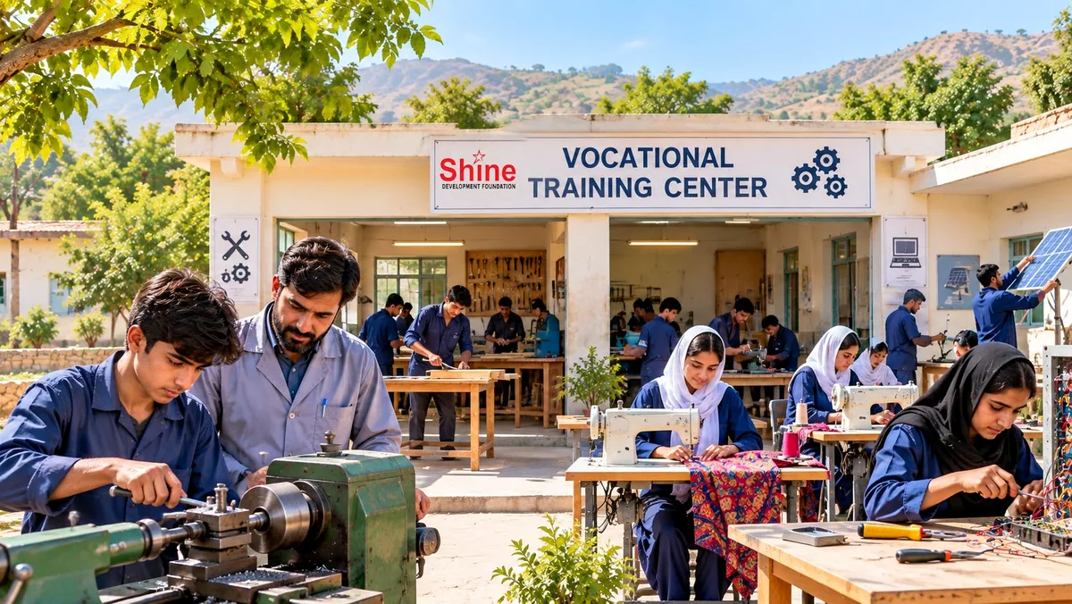 Trainees learning machining, carpentry, tailoring, electrical and solar skills at the Shine Vocational Training Center