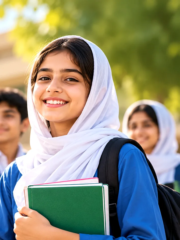 A smiling schoolgirl holding her books, with classmates behind her