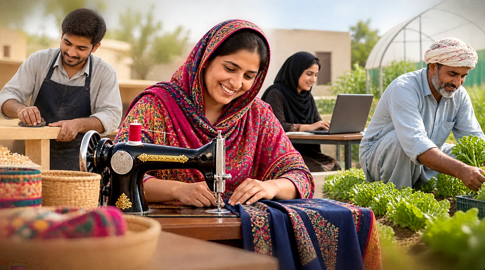 Women and men building livelihoods through tailoring, carpentry, computer skills and farming