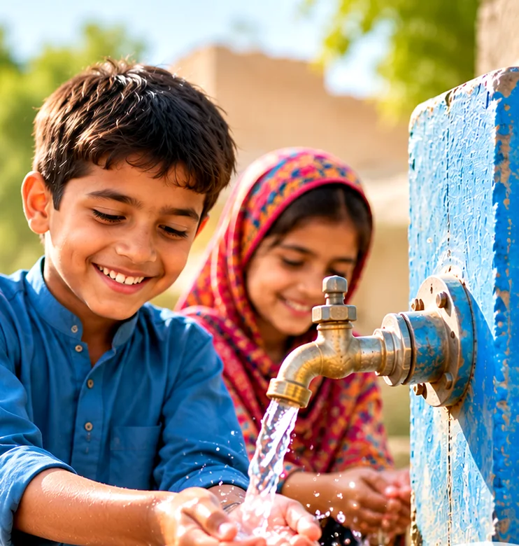 Children washing their hands with clean water from a community tap